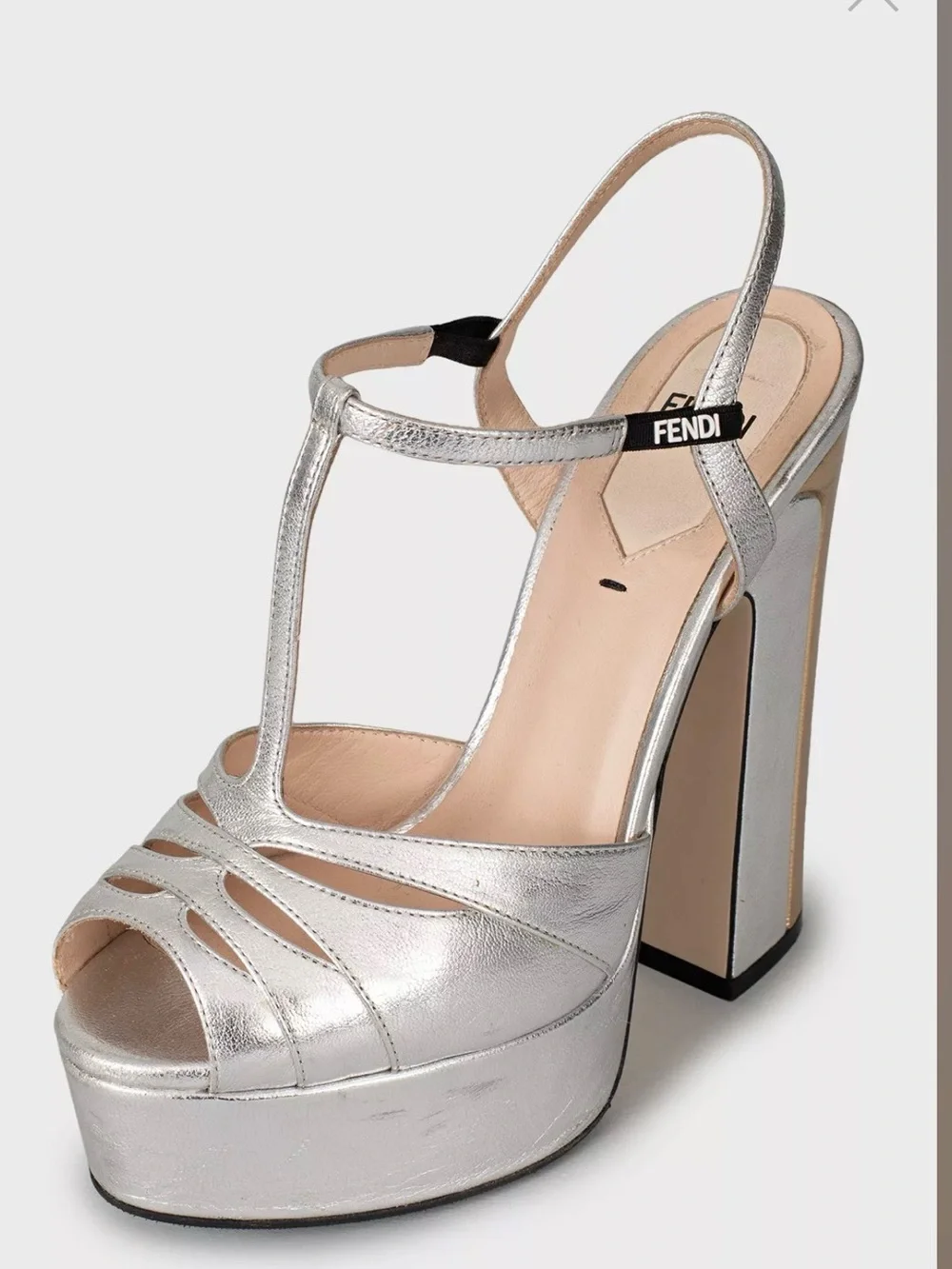 Fendi Metallic Silver Strappy Platform silver/gold Heels